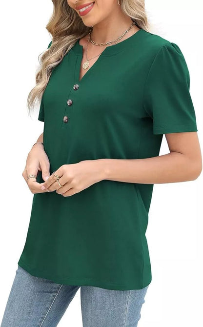 Full Size Notched Short Sleeve Blouse Plus Size - Bayou Curves