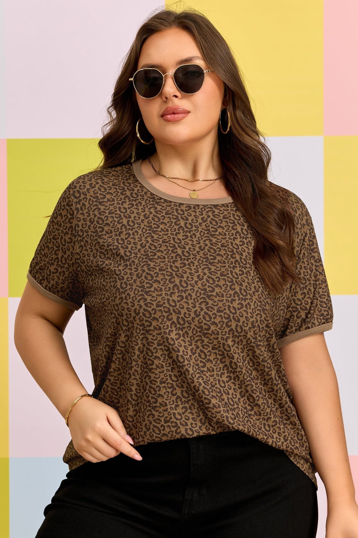 Plus Size Khaki Leopard Print Ribbed Trim Round Neck Tee - Bayou Curves