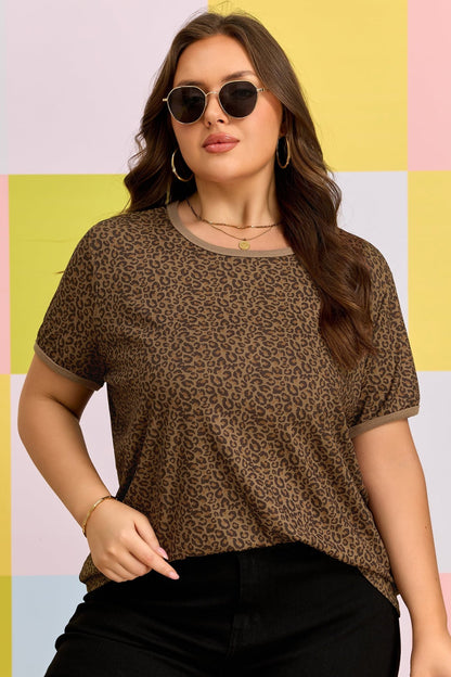Plus Size Khaki Leopard Print Ribbed Trim Round Neck Tee - Bayou Curves
