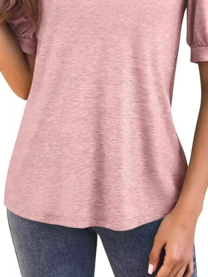Puff Sleeve Notched Casual T-Shirt - Bayou Curves