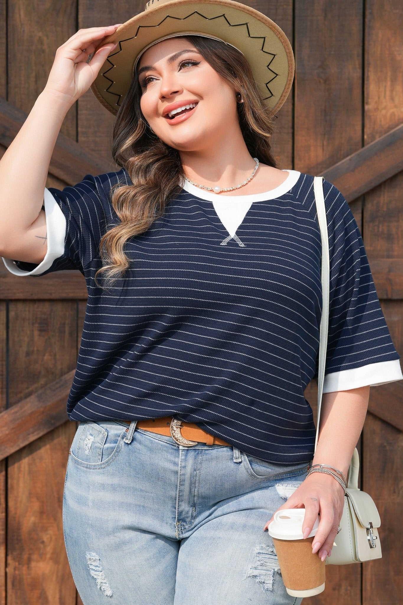 Plus Size Blue Stripe Contrast Trim Ribbed T Shirt - Bayou Curves