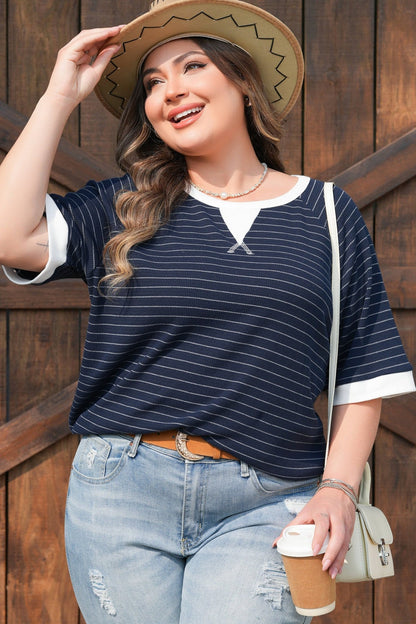 Plus Size Blue Stripe Contrast Trim Ribbed T Shirt - Bayou Curves