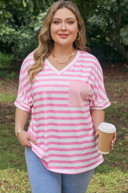 Plus Size Pink Stripe Colorblock Patched Pocket V Neck Tee - Bayou Curves