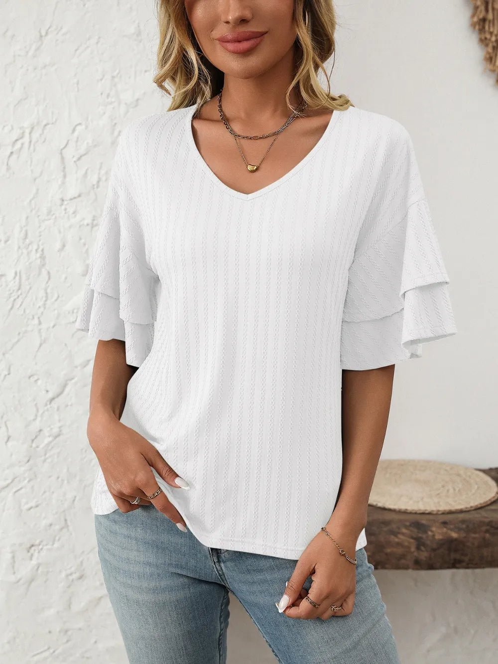 Mandy V-Neck Ruffle Half Sleeve Top - Bayou Curves