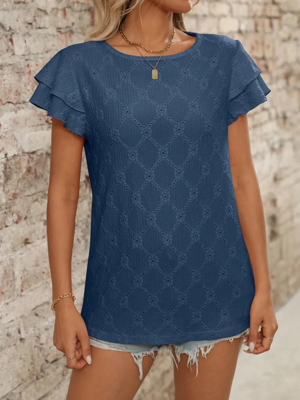 Eyelet Round Neck Double Layered Ruffled Short Sleeve Top - Bayou Curves