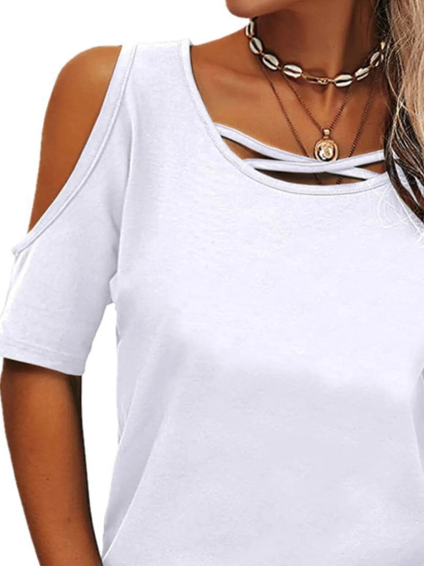 Full Size Crisscross Cold Shoulder Casual T-Shirt Plus Size - Bayou Curves