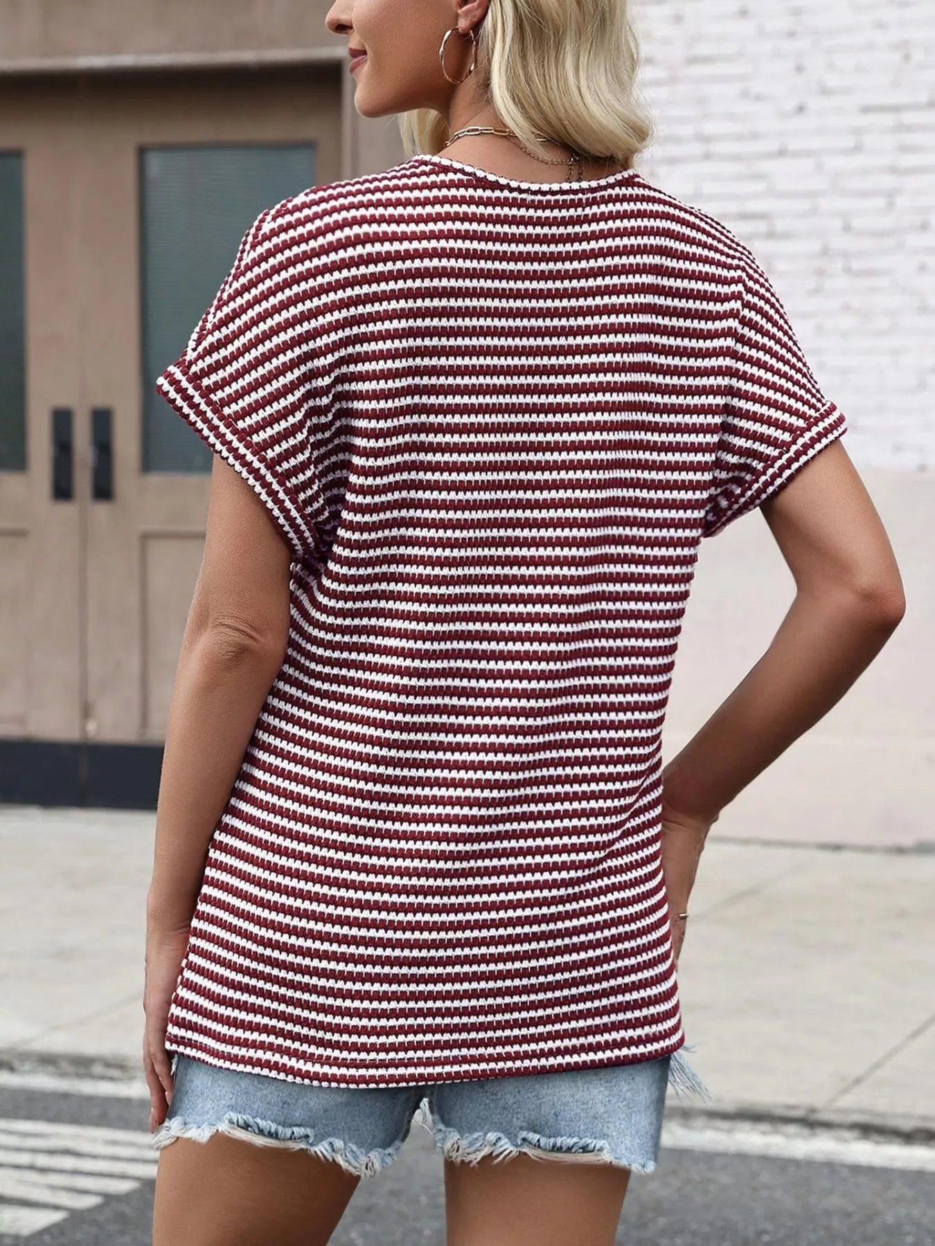 Striped V-Neck Relaxed Fit T-Shirt - Bayou Curves