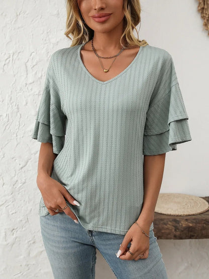 Mandy V-Neck Ruffle Half Sleeve Top - Bayou Curves