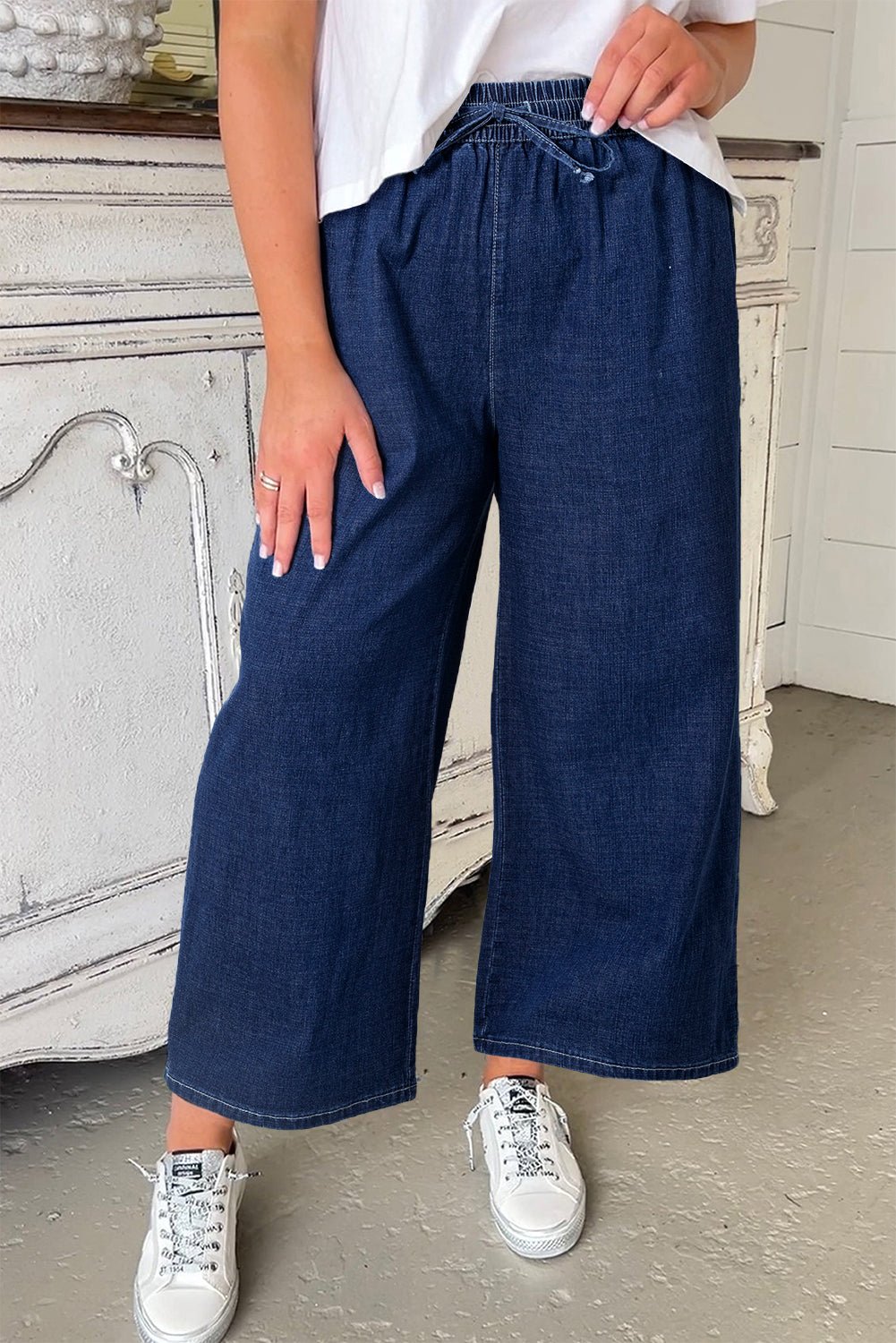 Plus Size Real Teal Drawstring High Waist Wide Leg Jeans - Bayou Curves