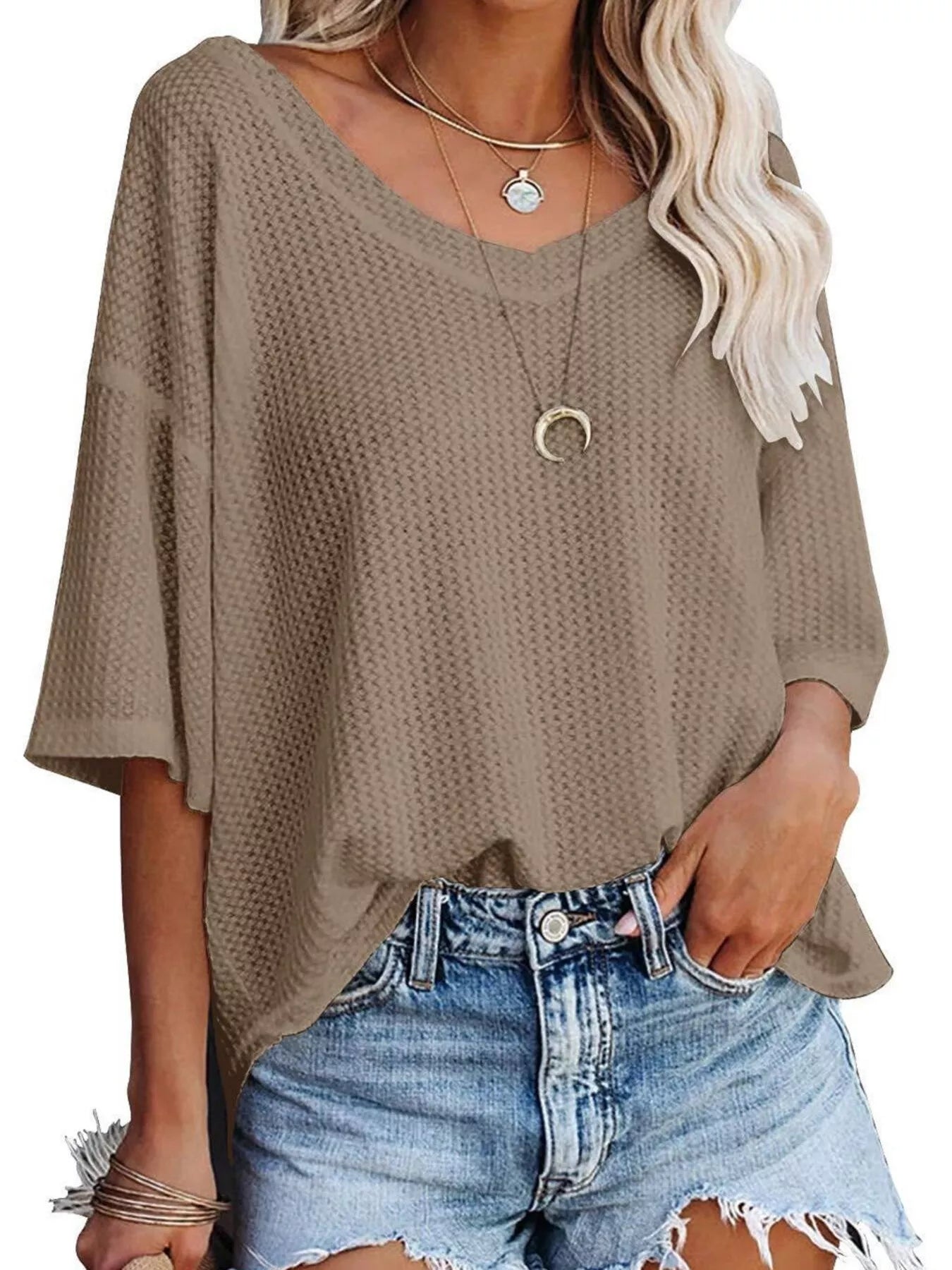 Waffle Knit V-Neck Short Sleeve T-Shirt - Bayou Curves