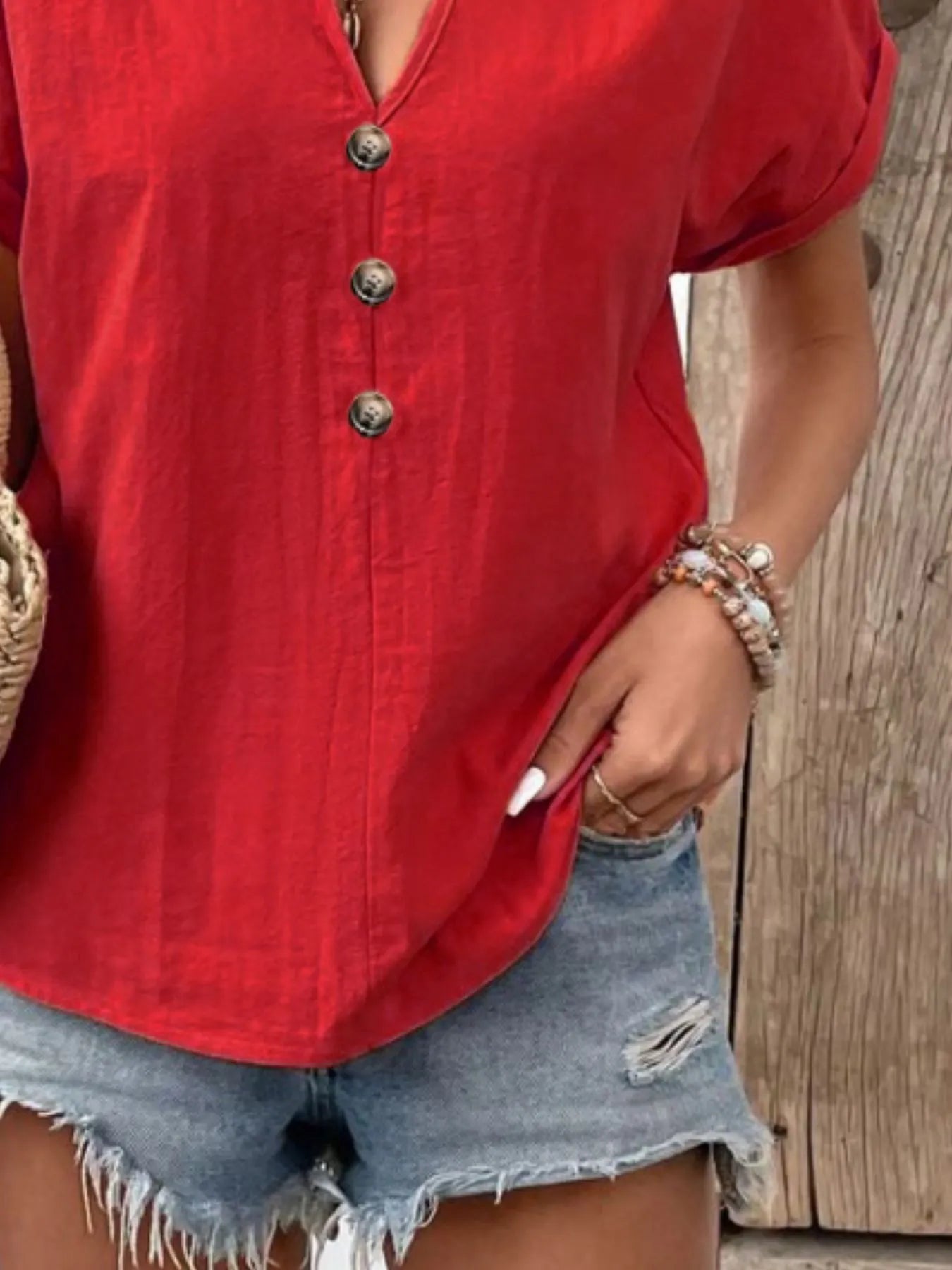 Full Size Notched Short Sleeve Top Plus Size - Bayou Curves