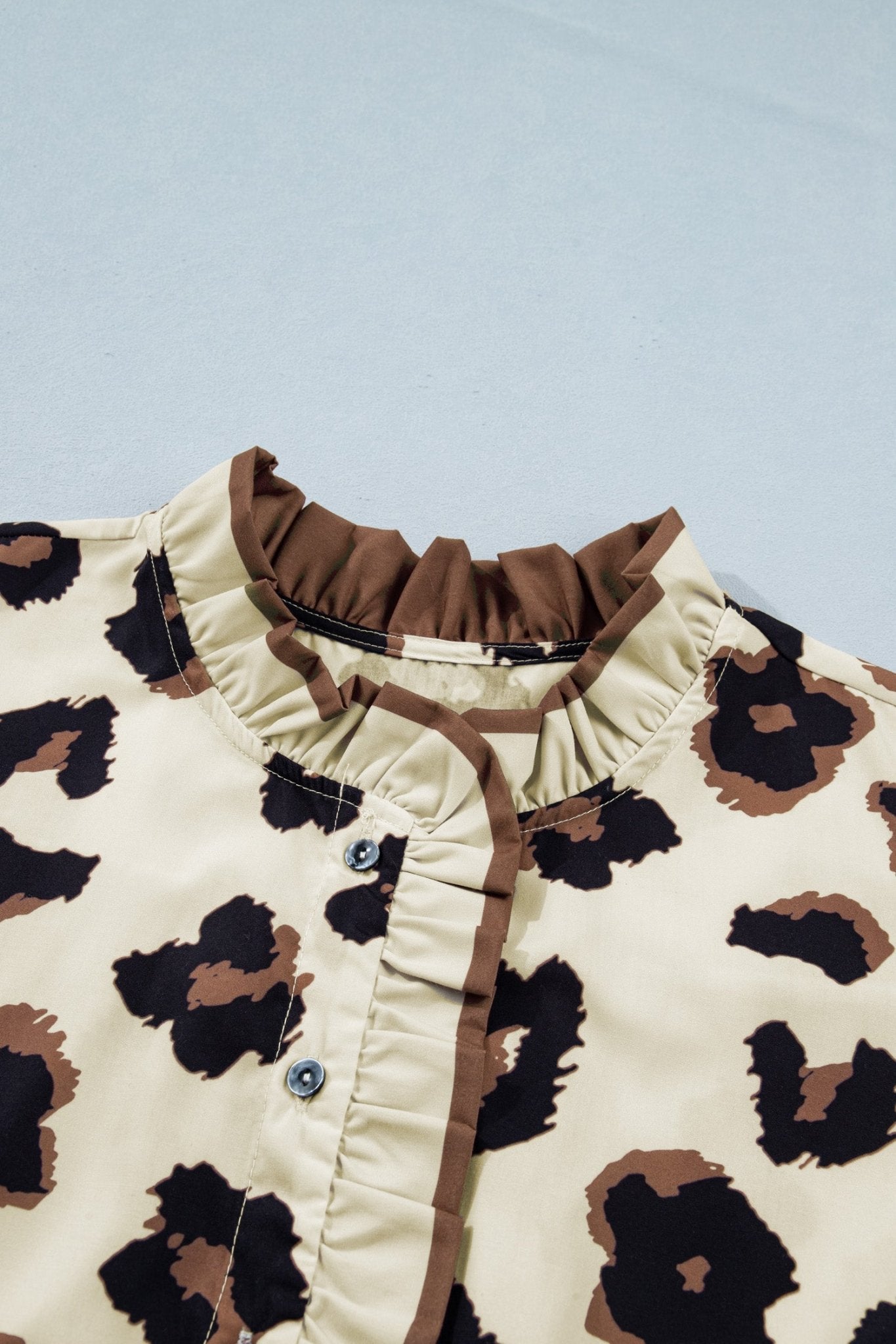 Plus Size Khaki Leopard Print Frilled Color Block Trim Button Down Short Sleeve Blouse - Bayou Curves