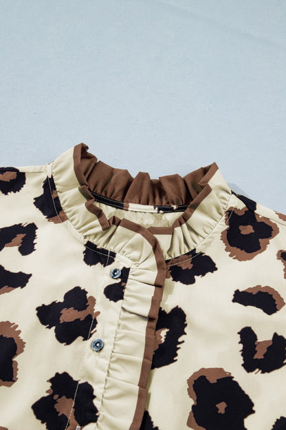 Plus Size Khaki Leopard Print Frilled Color Block Trim Button Down Short Sleeve Blouse - Bayou Curves