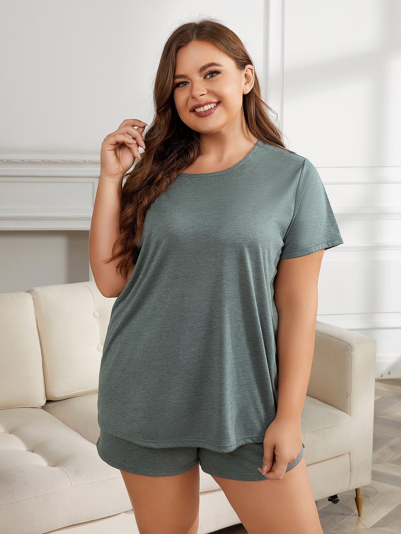 Plus Size Round Neck Short Sleeve Two-Piece Loungewear Set - Bayou Curves