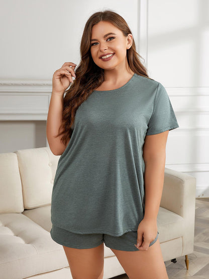 Plus Size Round Neck Short Sleeve Two-Piece Loungewear Set - Bayou Curves