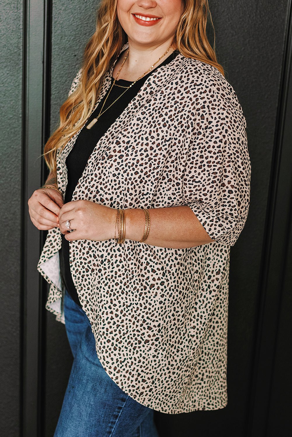 Plus Size Khaki Leopard Print Half Sleeve Open Front Cardigan - Bayou Curves