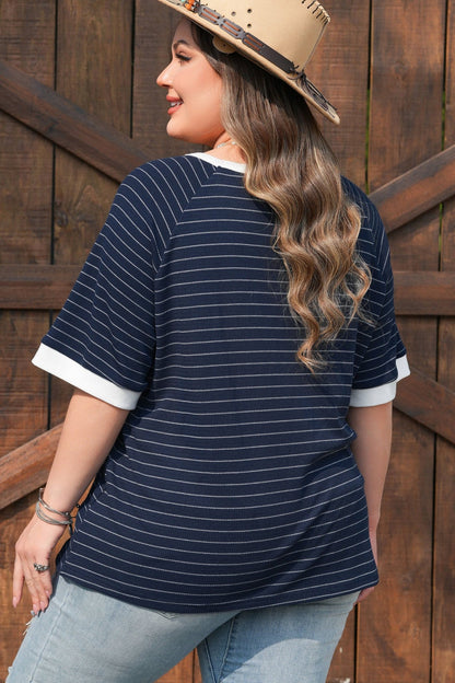 Plus Size Blue Stripe Contrast Trim Ribbed T Shirt - Bayou Curves