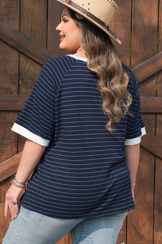 Plus Size Blue Stripe Contrast Trim Ribbed T Shirt - Bayou Curves